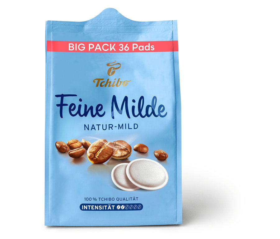 Hellblaue Packung Feine Milde Pads mit 36 Kaffeepads.