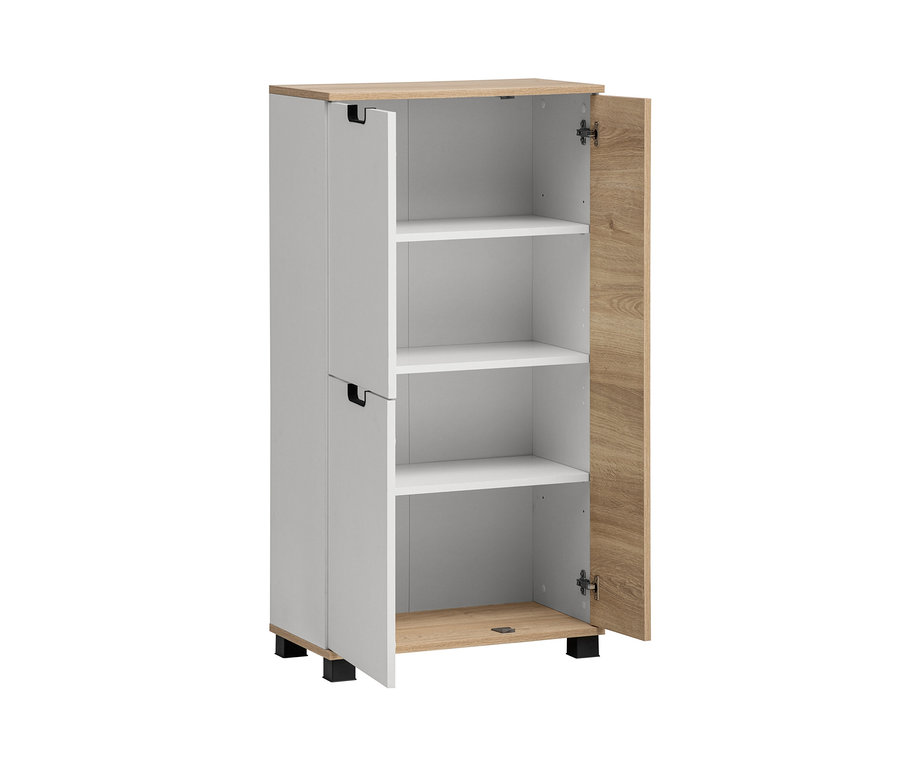 Highboard »Emmik« weiß/weißeiche mit offener Tür, die Regale freilegt.