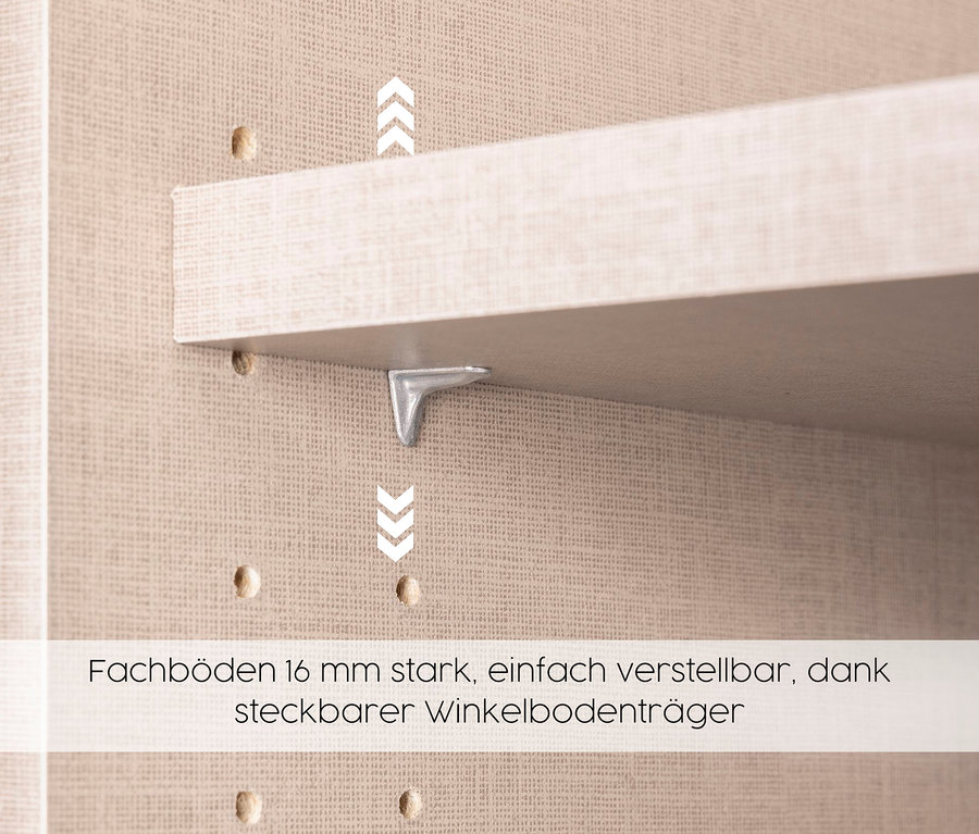 Detailaufnahme eines grauen Drehtürenschranks »Skandi« mit Fachboden.