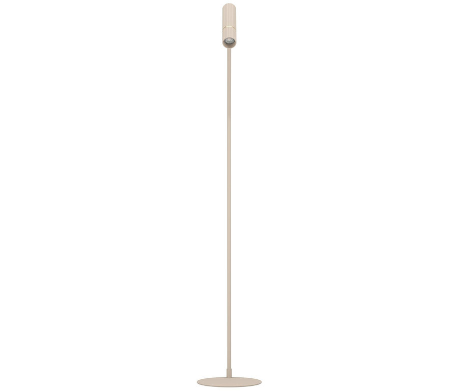 Beige Stehlampe mit zylinderförmigem Lampenschirm und rundem Sockel.