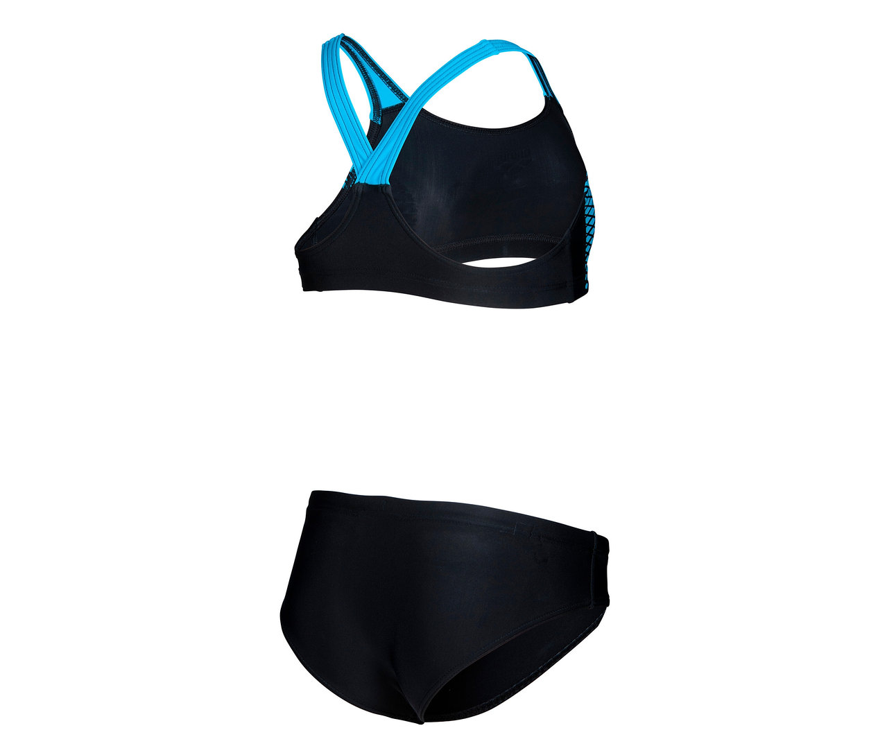 Schwarzer arena Feel Kinder-Bikini Openings Energy Back mit blauen Trägern.