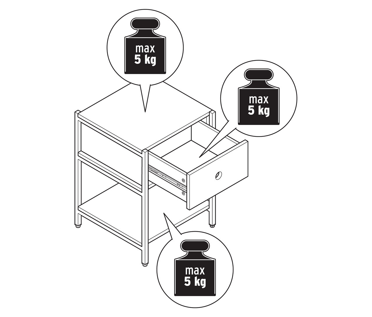 Skizze eines Nachttisches »KLAAR« mit Schublade und einer maximalen Traglast von 5 kg.