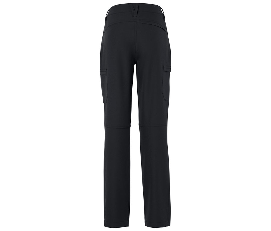 Rückansicht einer schwarzen Hose mit Taschen.