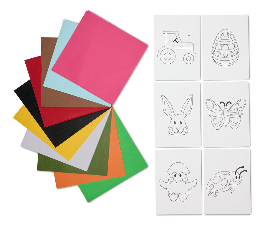 Mehrfarbiges Bastelfilz links, sechs Ostermotive zum Ausmalen rechts.