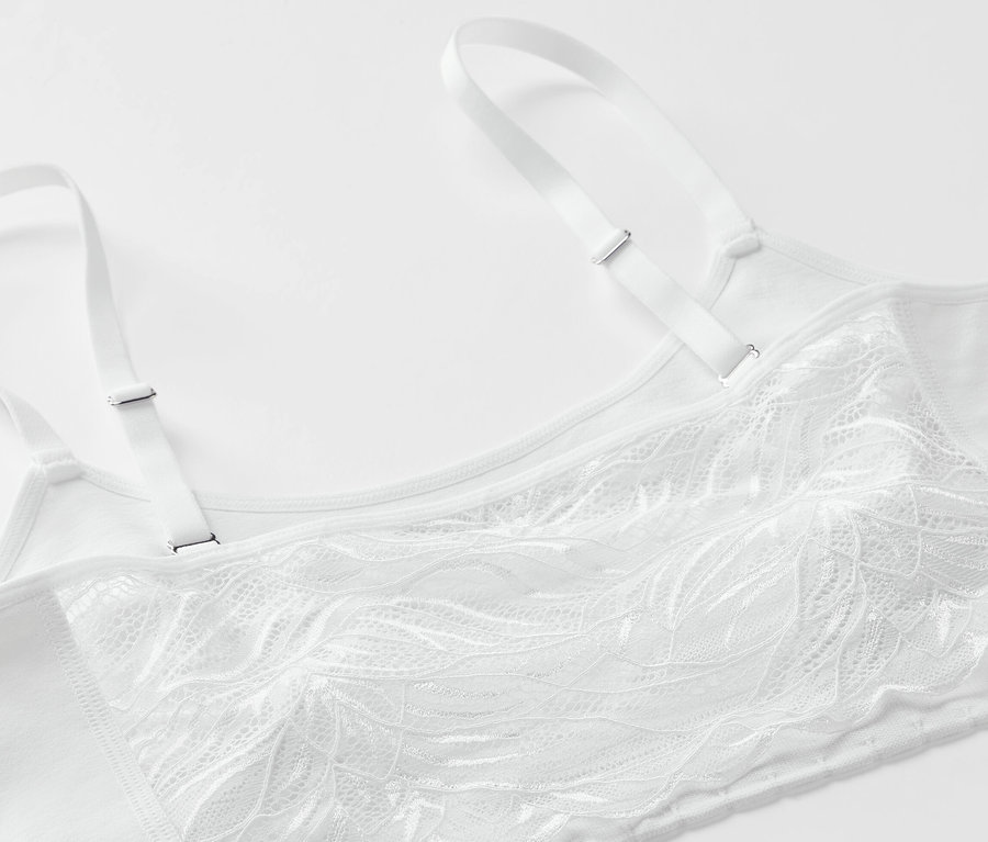 Detailansicht eines weißen Seamless-Bustiers mit Spitze.