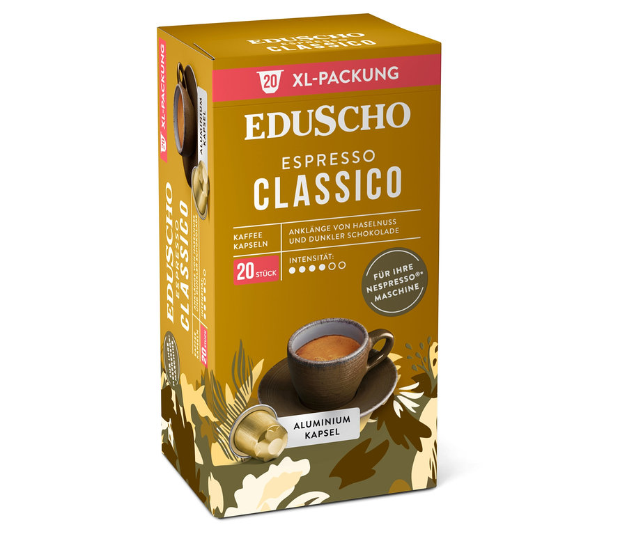 Eine Packung Eduscho Espresso Classico Kaffeekapseln mit einer Tasse Kaffee und einer Kapsel im Vordergrund.
