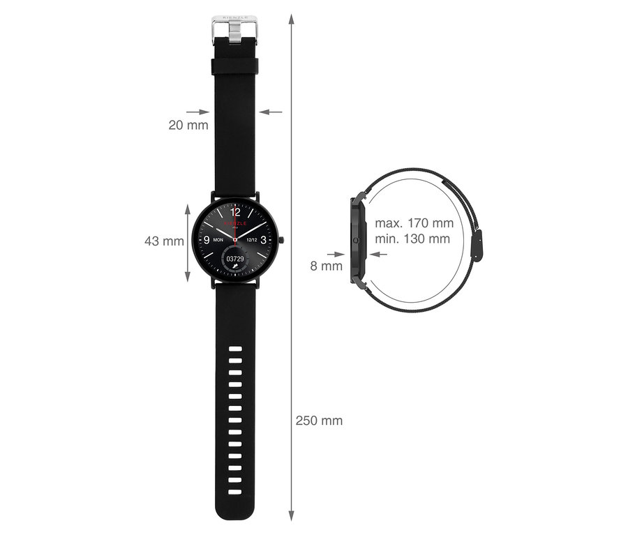 Maße der schwarzen Kienzle Uhr »Active Smart Slim« sind dargestellt: 20 mm Bandbreite, 43 mm Durchmesser, 8 mm Höhe, 250 mm Länge, 130-170 mm Umfang.