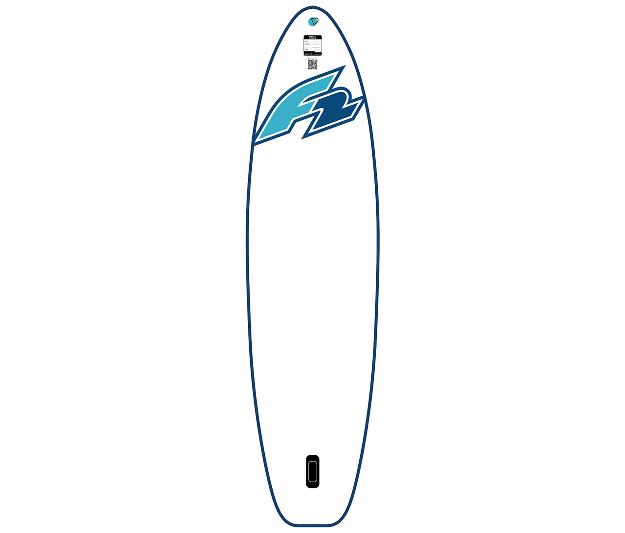 Weißes F2 SUP Board »Drive«, klein, mit blauem Rand und blauem F2-Logo.