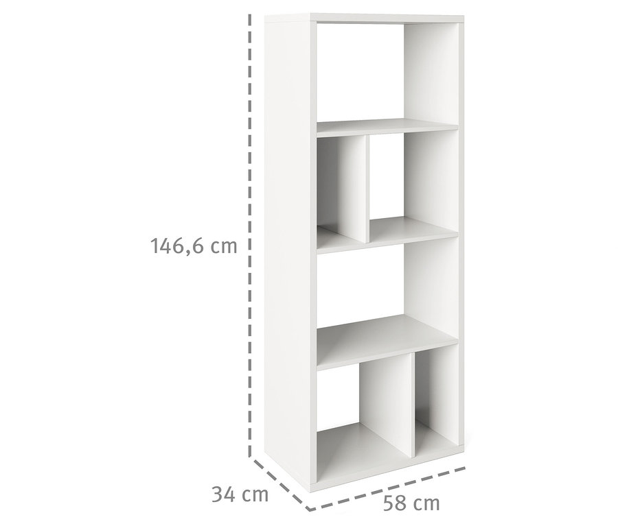 Weißes Roba Regal »Fortuna« mit 6 Fächern, mit Maßen versehen.