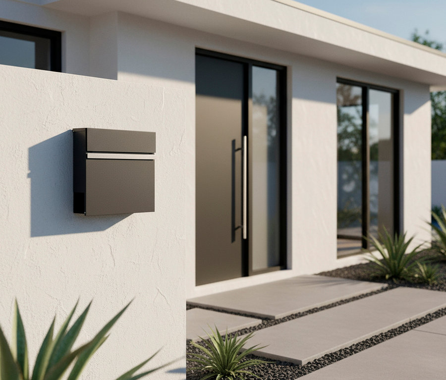 Ein grauer Briefkasten hängt an einer weißen Wand neben einer Haustür.