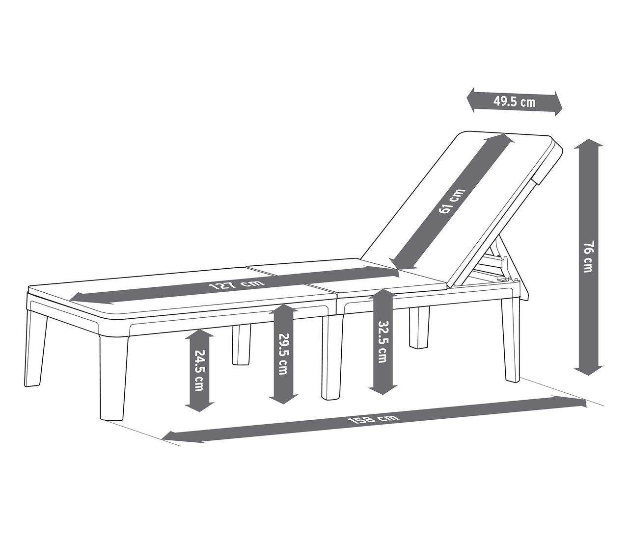Abbildung einer Liege mit Maßangaben in Zentimetern.