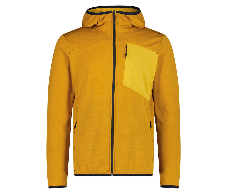 Gelbe Kapuzenjacke mit durchgehendem Reißverschluss vorne und einer gelben Brusttasche.
