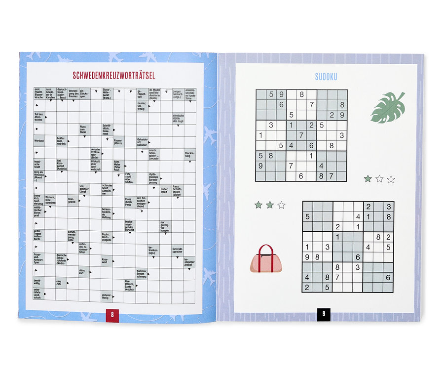 Aufgeschlagenes Rätselheft mit Schwedenkreuzworträtsel und Sudoku, sowie Illustrationen.