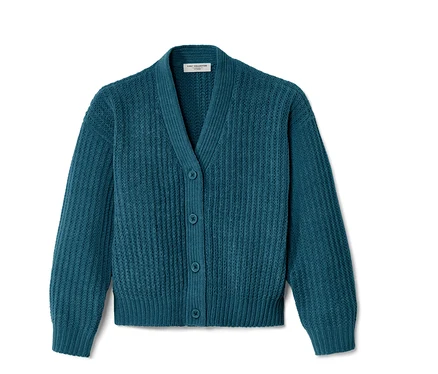 Türkisblaue Strickjacke mit V-Ausschnitt und Knöpfen.