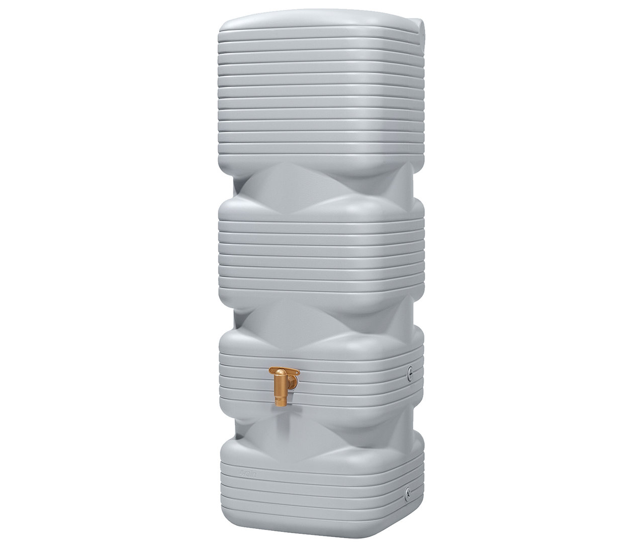 Grauer, gestufter Wassertank mit goldenem Hahn, isoliert.