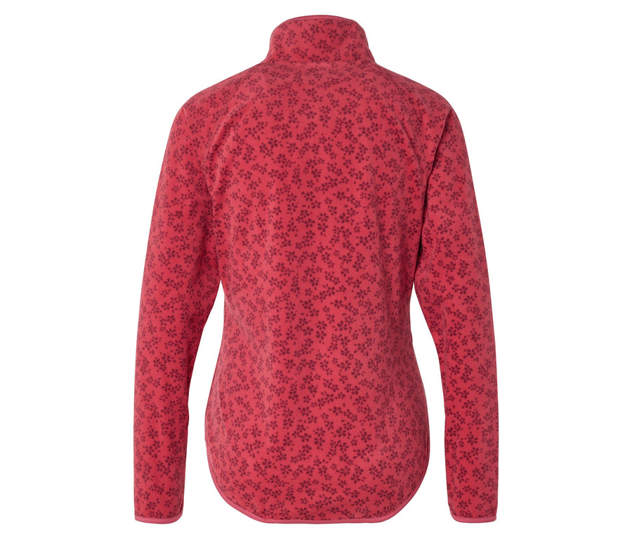 Rückansicht einer roten Fleecejacke mit durchgehendem Blumenmuster.