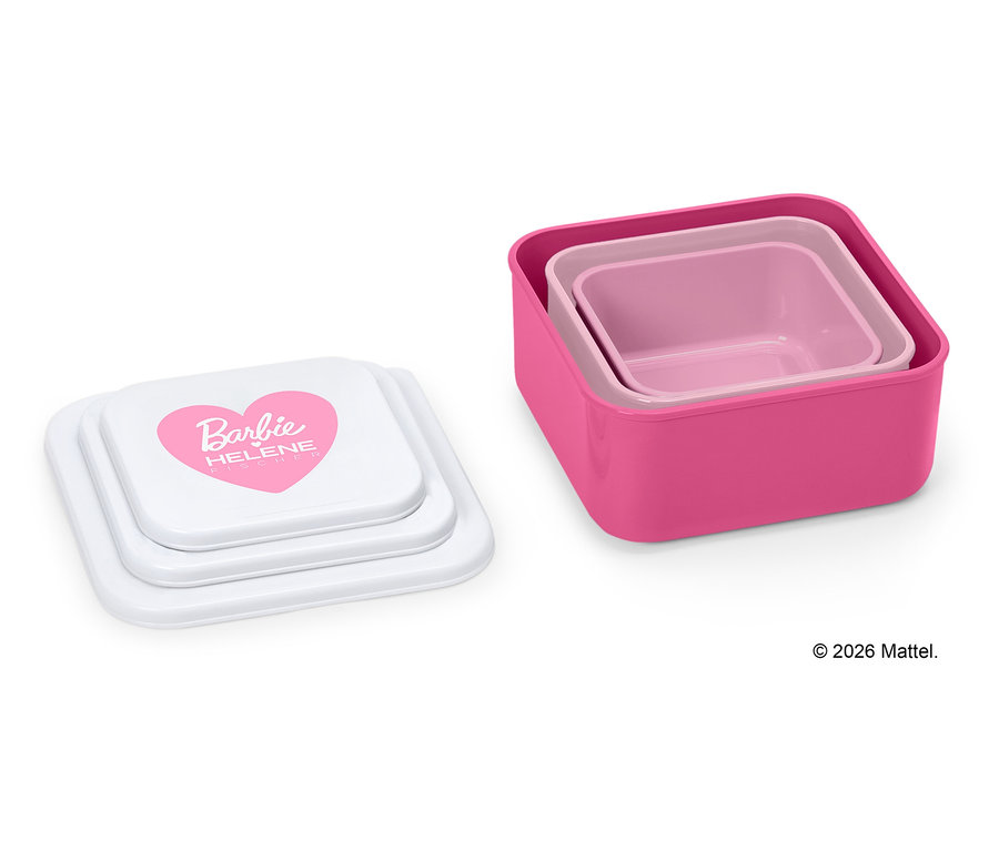 Drei verschieden große, ineinander gestapelte, pinkfarbene Frischhaltedosen. Die Deckel sind weiß mit pinkfarbenem Herz-Logo.