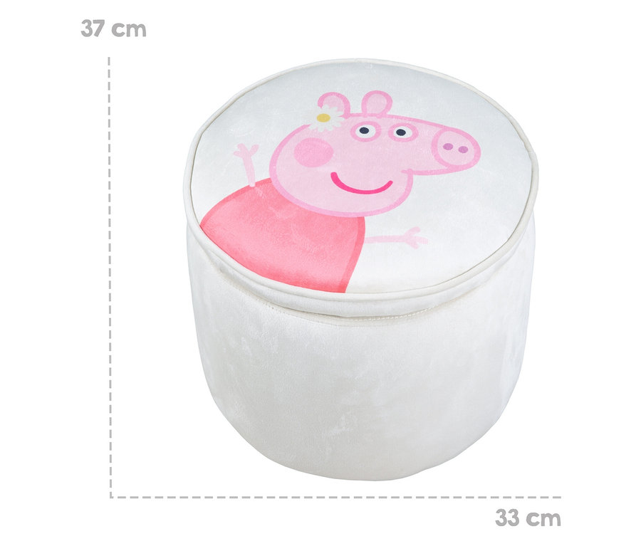 Ein runder, weißer Hocker mit einem Peppa Pig-Motiv auf der Oberseite.