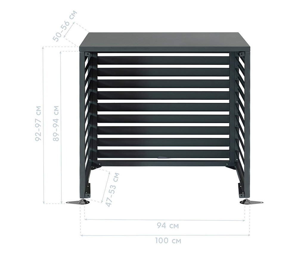 Detailaufnahme eines schwarzen, horizontal gestreiften Gehäuses mit Maßangaben.