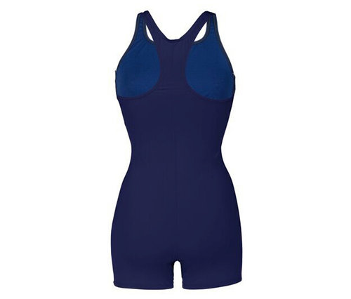 Rückansicht eines marineblauen Badeanzugs mit Racerback und kurzen Beinen.