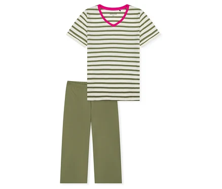 SCHIESSER 3/4-Pyjama-Set, bestehend aus einem weiß-olivgrün gestreiften Kurzarm-Oberteil mit pinkem V-Ausschnitt und einer einfarbigen olivgrünen 3/4-Hose.