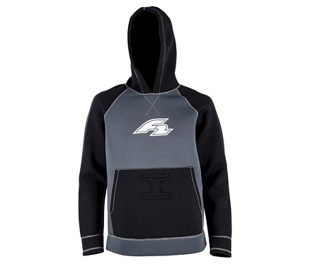 Grauer und schwarzer F2 Neopren Oberteil, Unisex-Hoodie, 4/3 mm mit Kapuze und Bauchtasche.