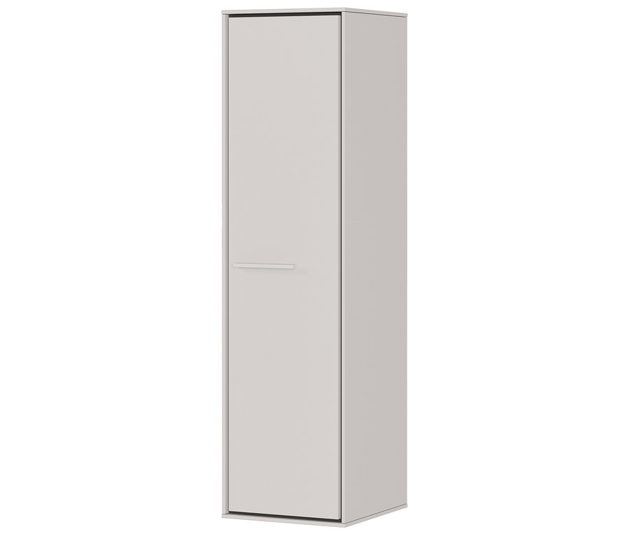 Ein einzelner, schmaler, grauer Schrank mit einer Tür und einem horizontalen Griff steht aufrecht.