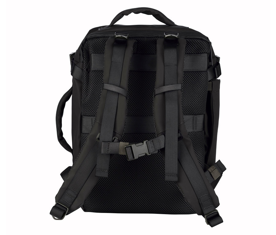 Rückansicht des schwarzen Tucano TUGO DRY Kabinenrucksacks mit 15,6-Zoll-Laptopfach, mit Trägern und Griff.