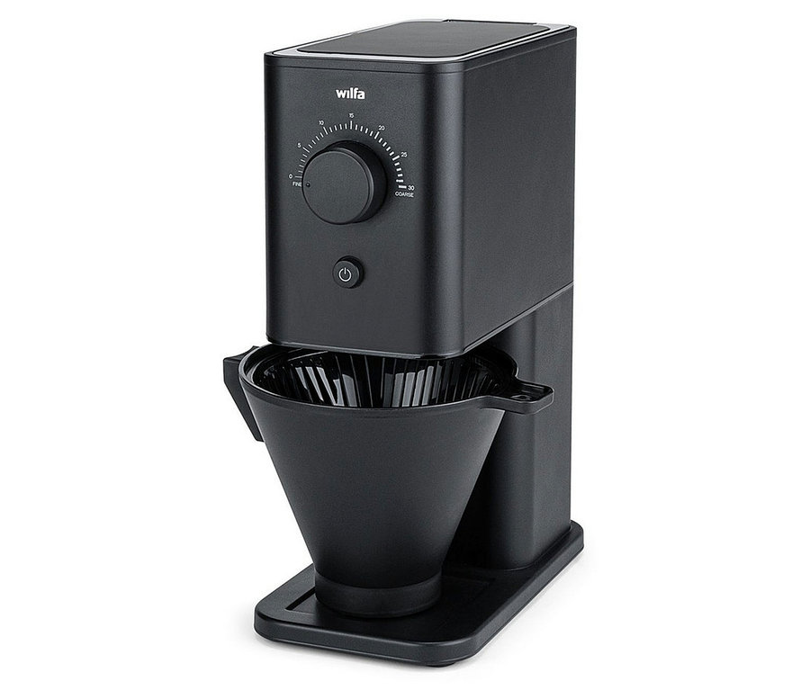 Schwarze Wilfa Zense CG3B-125 Kaffeemühle mit Mahlgradeinstellung, Ein-/Ausschalter und konischem Filter.