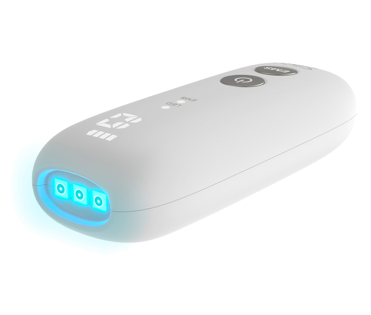 Nahaufnahme des Silk'n LED Face Mask mit EMS-Gerät, das blaue Lichter ausstrahlt.