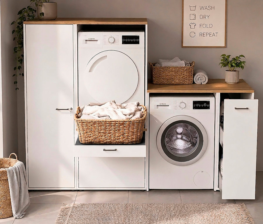 Waschküche mit gestapeltem weißem Trockner und Waschmaschine links, weiterer Waschmaschine rechts, in weißen Schränken mit Holzplatten. Wäschekörbe, Pflanzen, "WASH DRY FOLD REPEAT" Schild.