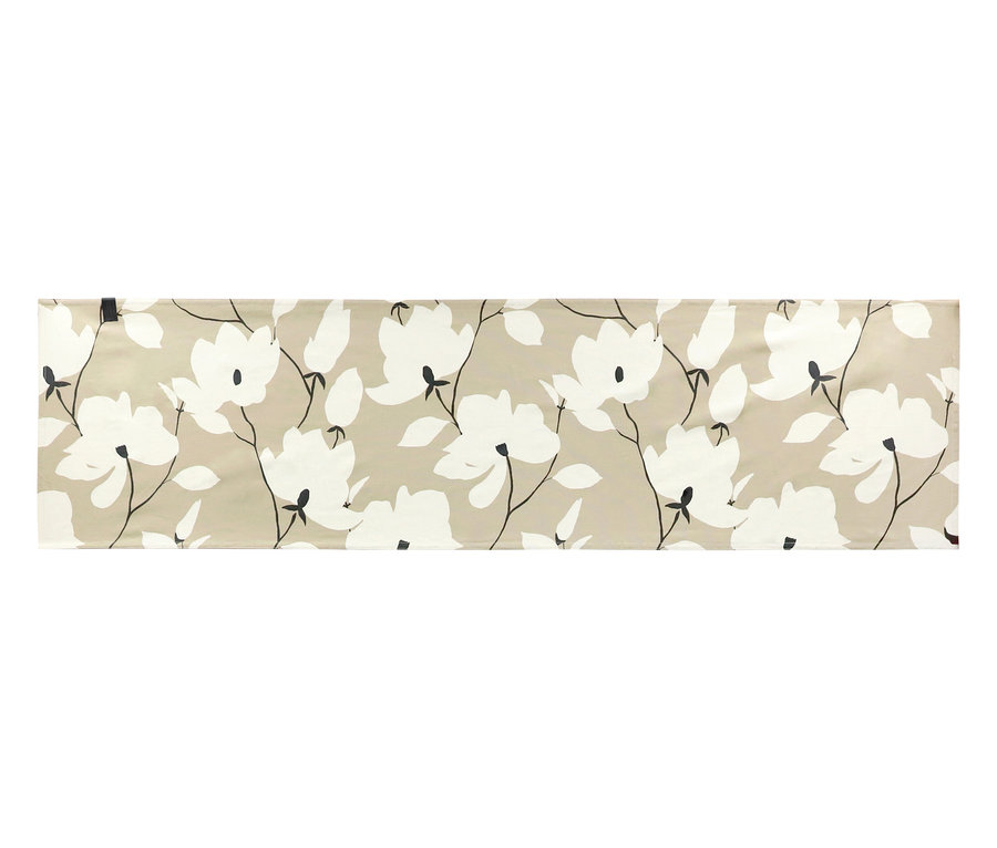 Sandfarbener Tischläufer aus der SCHÖNER WOHNEN-Kollektion mit weißem Blumenmuster und schwarzen Stielen, Teil eines 2er-Sets.