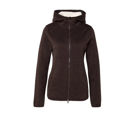 Dunkelbraune Kapuzenjacke mit durchgehendem Reißverschluss und weißem, flauschigem Futter in der Kapuze.