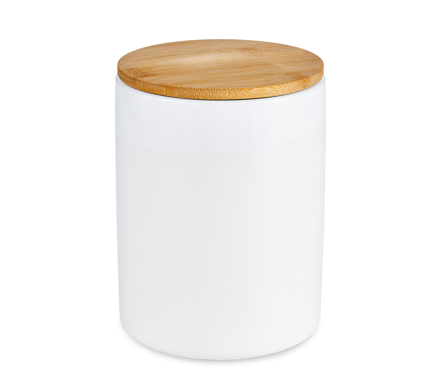 Weiße Kaffeedose aus Keramik mit Holzdeckel.