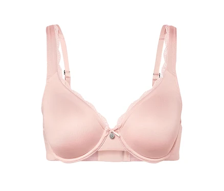 Detailaufnahme eines rosa BHs mit Spitze und Schleife in der Mitte.