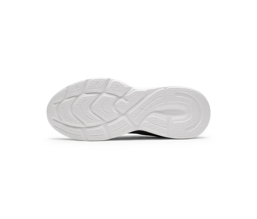 Weiße Schuhsohle mit strukturiertem Profil, das geschwungene Linien und kleine rechteckige Formen aufweist.
