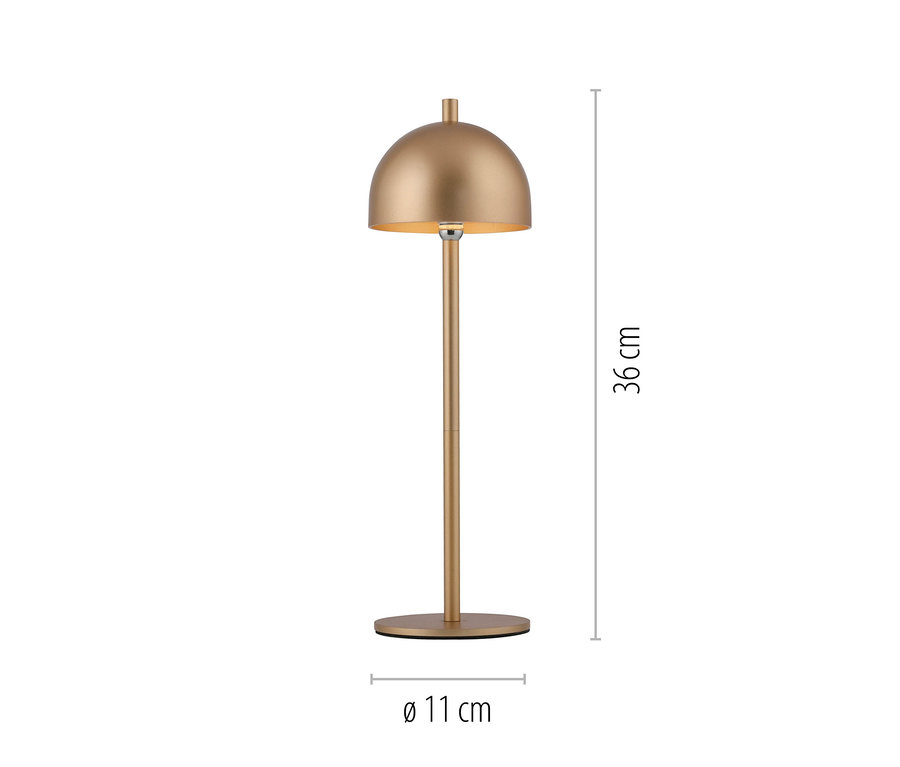 Goldfarbene Tischleuchte mit kuppelförmigem Schirm, schlankem Ständer und rundem Fuß, 36 cm hoch, 11 cm Durchmesser.
