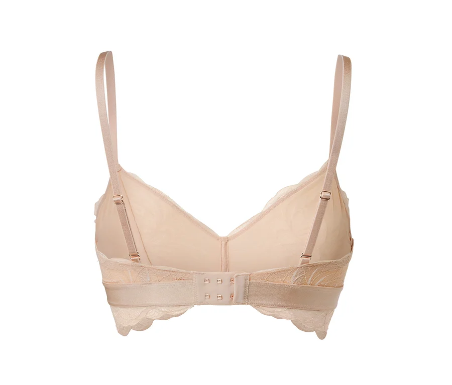 Hautfarbenes Spitzen-Bustier mit verstellbaren Trägern von hinten.