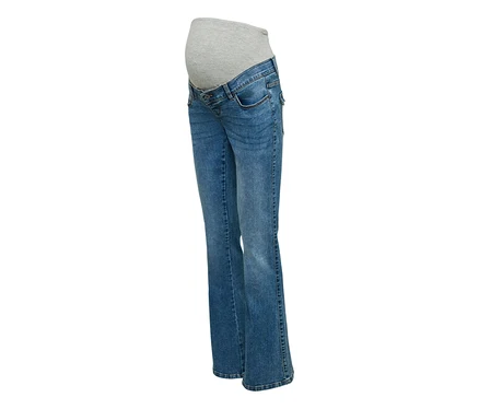 Blaue MAMALICIOUS Flared Pocket Jeans »KAIRO« mit grauem Bauchband.