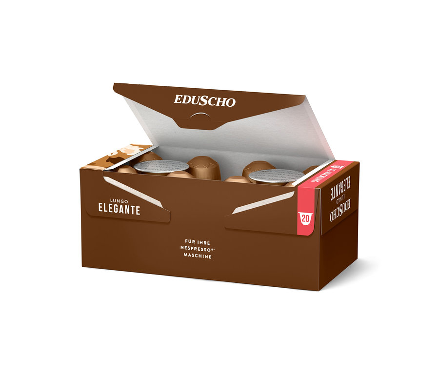 Geöffnete braune Verpackung Eduscho Lungo Elegante Kaffeekapseln für Nespresso Maschine, 20 Stück.