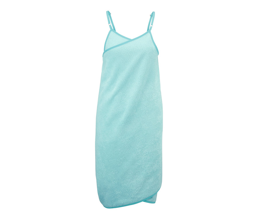 Türkises Handtuch-Kleid mit Trägern.