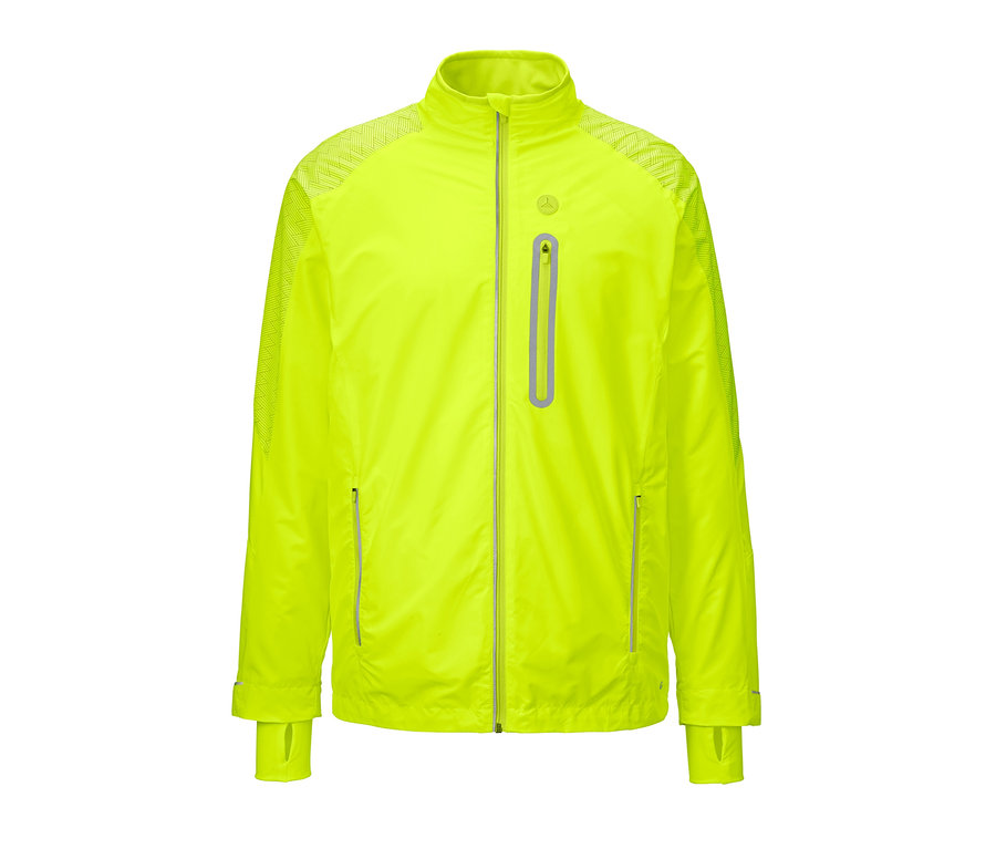 Gelbe Windprotection-Laufjacke mit Reißverschluss in der Mitte.