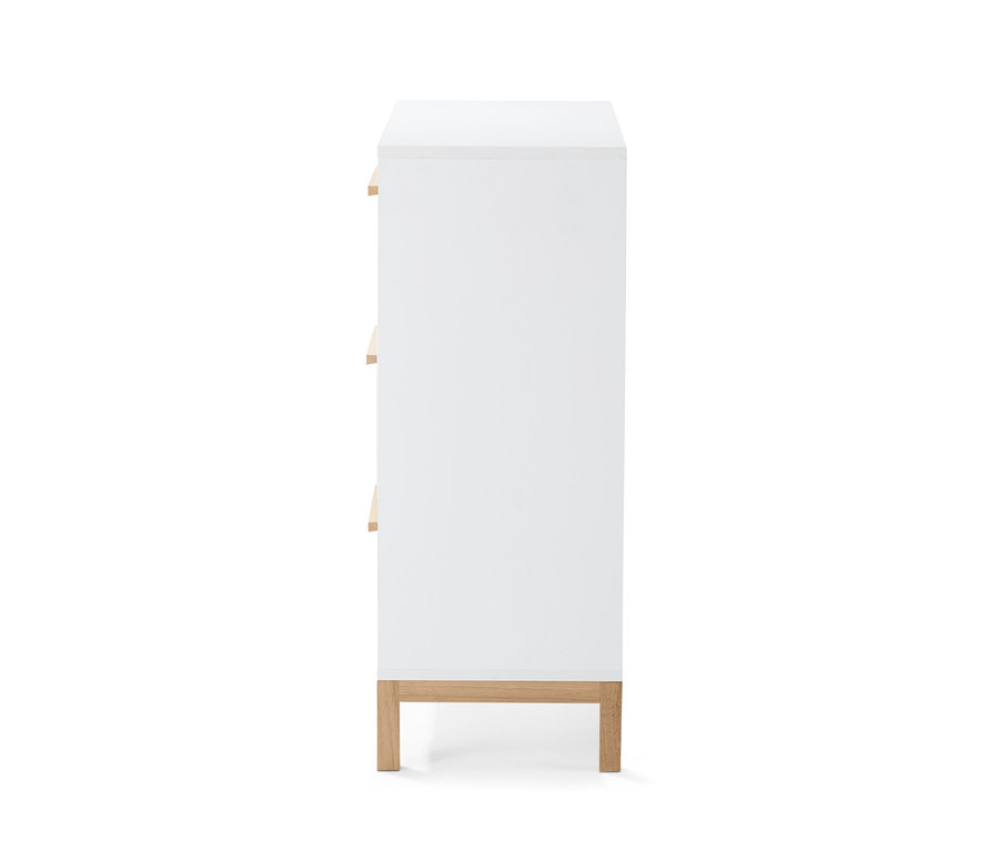 Seitenansicht eines weißen Badezimmer-Sideboards.