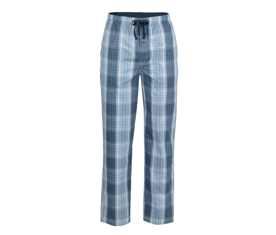 Blaue karierte Pyjamahose.