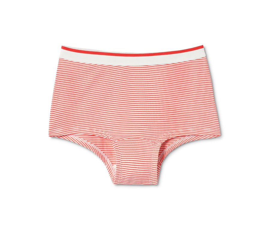 Nahaufnahme von 7 Mädchen-Pantys, blau mit roten und weißen Streifen.