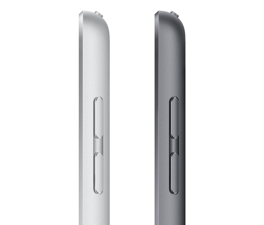 Detailansicht der Seite eines silbernen und grauen Apple iPad 9. Generation, 64 GB, Wi-Fi.
