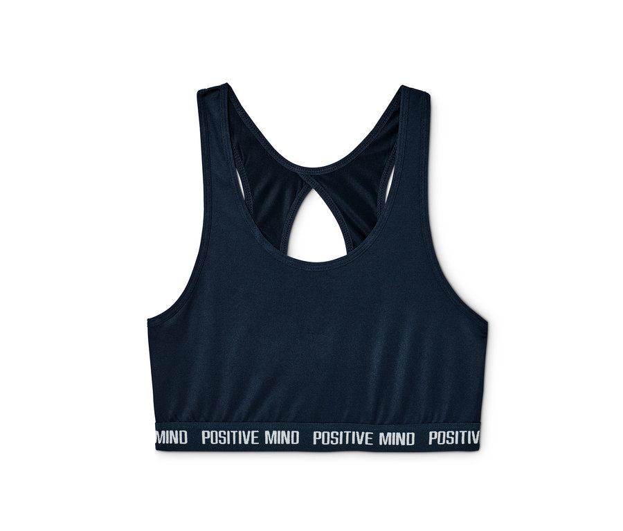 Dunkelblaues Sportbustier aus 2er-Set mit dem Schriftzug "MIND POSITIVE MIND".