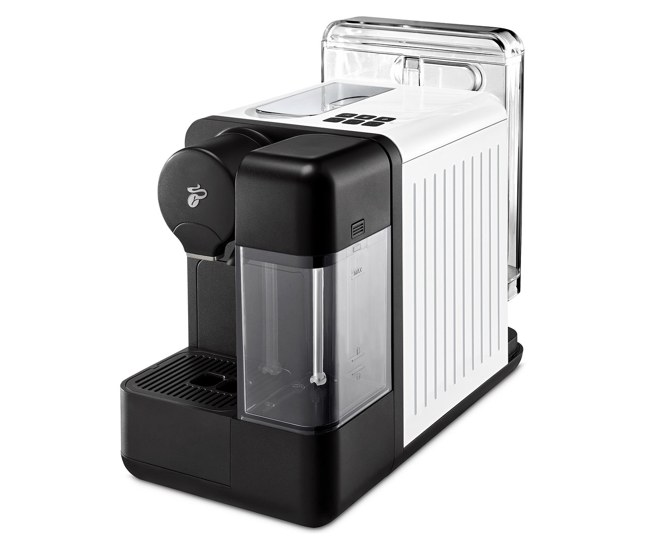 Schwarz-weiße Cafissimo milk, weiß Kaffeemaschine von vorne.