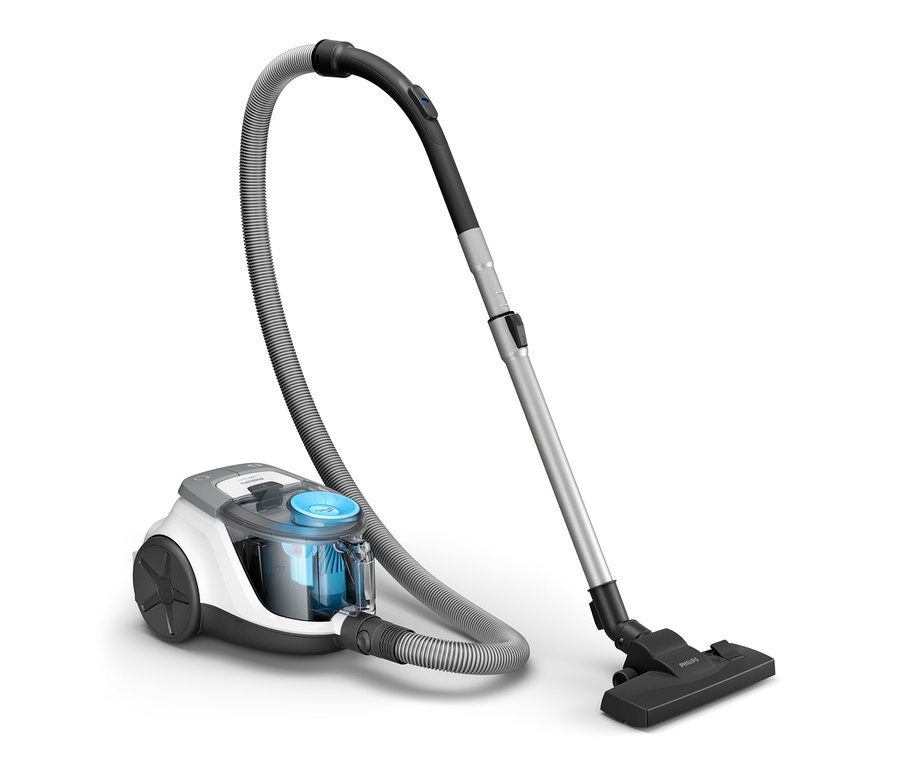 Ein weiß-grauer Philips beutelloser Staubsauger »XB2122/09« mit transparentem Staubbehälter und schwarzer Düse.