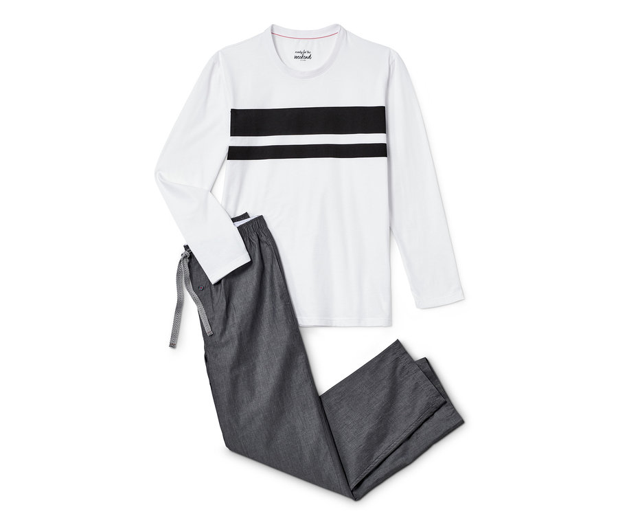 Pyjama-Set mit einem langärmeligen Oberteil mit schwarzem Streifendesign und einer Chambray-Hose.